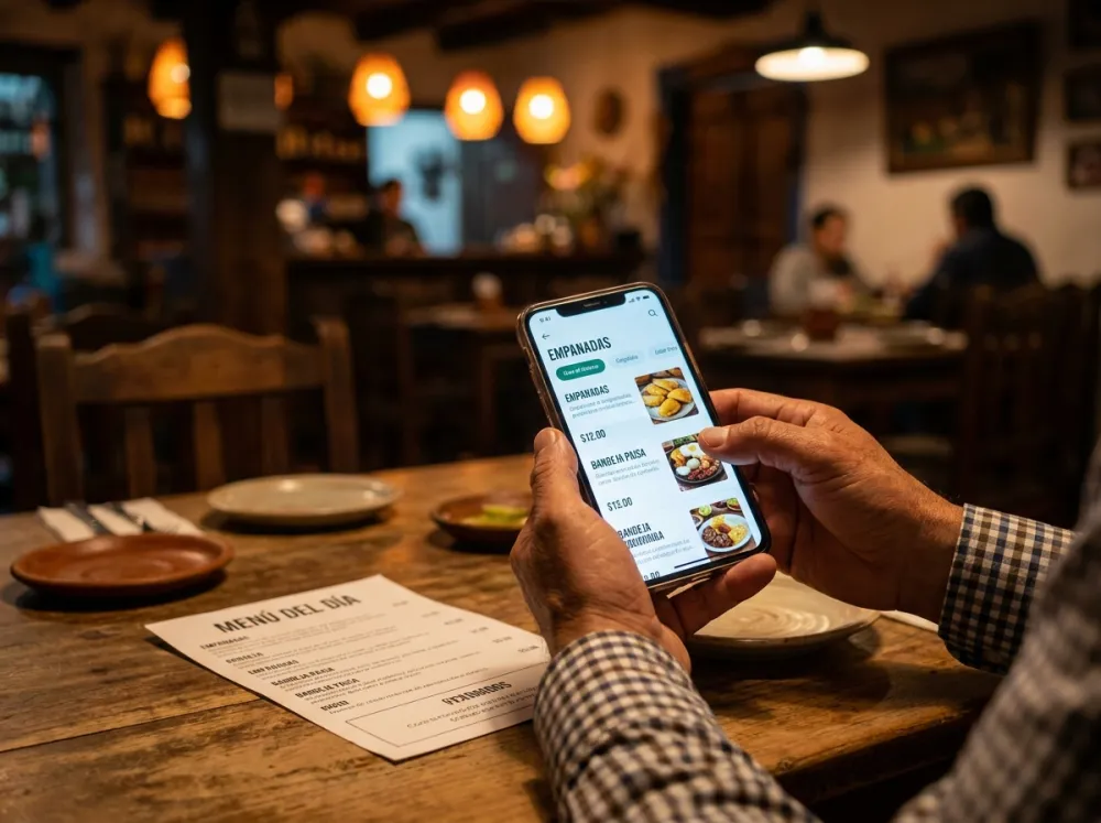 Un teléfono muestra la carta digital junto a la carta impresa del restaurante